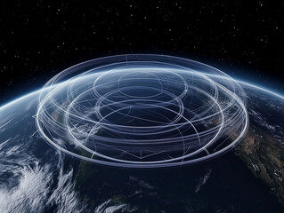 Poster - Abstract technology background featuring interconnected lines encircling Earth's surface, creating a futuristic backdrop with circles and lines that symbolize integration of internet