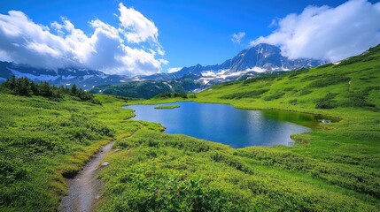 Aufkleber - A scenic hiking trail meanders through vibrant green meadows, leading to pristine mountain lakes, surrounded by breathtaking views of snow-capped mountains.