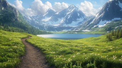Aufkleber - A scenic hiking trail meanders through vibrant green meadows, leading to pristine mountain lakes, surrounded by breathtaking views of snow-capped mountains.