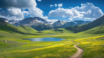 Aufkleber - A scenic hiking trail meanders through vibrant green meadows, leading to pristine mountain lakes, surrounded by breathtaking views of snow-capped mountains.
