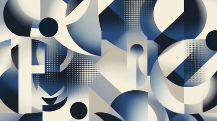 Poster - Abstract geometric composition with circles, dots and lines in blue and beige hues