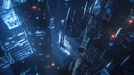 Poster - Futuristic Cityscape at Night with Cellular Tower Communication Infrastructure