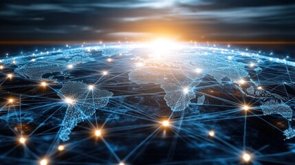 Poster - global network connections illuminating world map with digital data communication