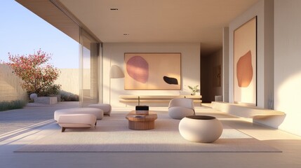 Poster - A sleek and modern Zoom room background with pops of pink accents, showcasing contemporary gallery-style art and a minimalist vibe.