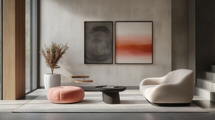 Poster - A sleek and modern Zoom room background with pops of pink accents, showcasing contemporary gallery-style art and a minimalist vibe.