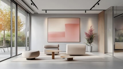 Poster - A sleek and modern Zoom room background with pops of pink accents, showcasing contemporary gallery-style art and a minimalist vibe.