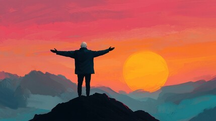 Wall Mural - Person with outstretched arms on mountain at sunset with vivid sky