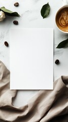Poster - Blank paper surrounded by coffee cup, coffee beans, and natural elements in a cozy setting. Generative AI