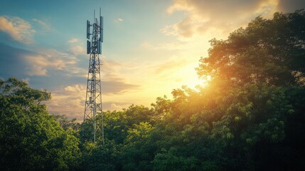 Poster - A sleek telecom tower against a backdrop of vibrant green foliage and a powerful sky, symbolizing the evolution of technology in harmony with nature.