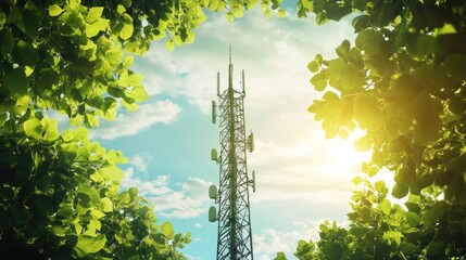 Poster - A sleek telecom tower framed by vibrant greenery and a dynamic sky, symbolizing the perfect balance between technological innovation and nature beauty.