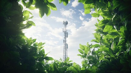 Poster - A sleek telecom tower framed by vibrant greenery and a dynamic sky, symbolizing the perfect balance between technological innovation and nature beauty.