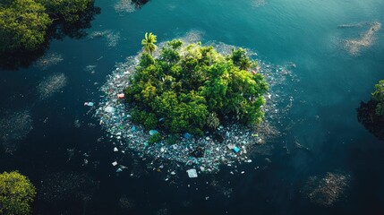 Poster - A small island of plastic waste surrounded by calm waters and lush, vibrant forests, embodying the hope for environmental recovery and resilience.