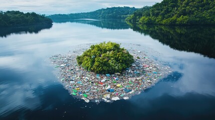 Poster - A small island of plastic waste surrounded by calm waters and lush, vibrant forests, embodying the hope for environmental recovery and resilience.