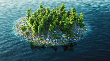 Poster - A small island of plastic waste surrounded by peaceful waters and vibrant forests, representing the balance between environmental challenges and the strength of nature.