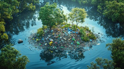 Poster - A small island of plastic waste surrounded by peaceful waters and vibrant forests, representing the balance between environmental challenges and the strength of nature.