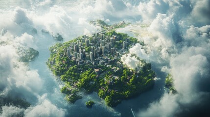 Aufkleber - A small island with urban development nestled in lush greenery, surrounded by dramatic clouds, symbolizing the harmonious coexistence of nature and modern life.