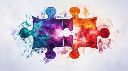 Poster - A striking puzzle piece design in fluid watercolor strokes, symbolizing the connection between different cultures and ideas, with rich colors.