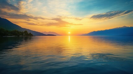 Poster - Sunset over the calm waters reflecting vibrant colors behind mountain silhouettes. Generative AI