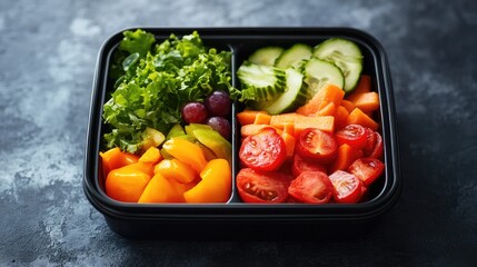 Aufkleber - A stylish black lunchbox holds an assortment of fresh foods, such as colorful fruits and crisp vegetables, offering a balanced and nutritious meal in a sleek container.