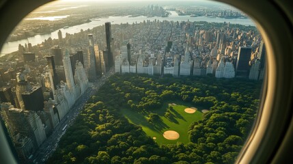 Poster - A sunny summer morning view from an airplane window, showcasing a lush green park and a sprawling cityscape filled with impressive skyscrapers.