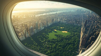 Poster - A sunny summer morning view from an airplane window, showcasing a lush green park and a sprawling cityscape filled with impressive skyscrapers.