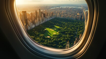 Poster - A sunny summer morning view from an airplane window, showcasing a lush green park and a sprawling cityscape filled with impressive skyscrapers.