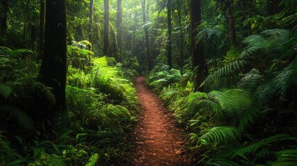 Aufkleber - A trail through a dense, vibrant forest showcases a beautiful array of vegetation, highlighting the interconnectedness and diversity of species thriving together.