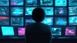 © warunthorn - Person Observing Multiple Monitors in a Dark Control Room Setting