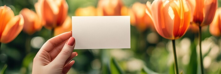 Poster - Hand holding blank card surrounded by blooming orange tulips in garden during sunny day. Generative AI