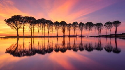 Aufkleber - A tranquil lake, surrounded by perfectly aligned trees, mirrors the pastel hues of a stunning sunset sky, evoking a sense of peace and beauty.