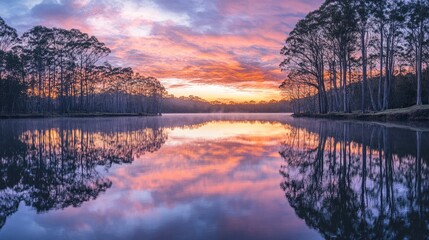 Aufkleber - A tranquil lake, surrounded by perfectly aligned trees, mirrors the pastel hues of a stunning sunset sky, evoking a sense of peace and beauty.