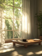 Fototapete - Bright, airy room with large windows, soft curtains, a wooden table, and a touch of greenery.
