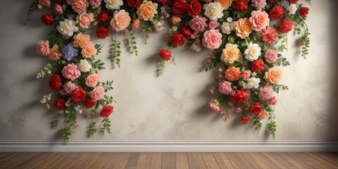 Wall Mural - Artificial flowers wall with vintage style backdrop,  decor,  decorative, artificial flowers