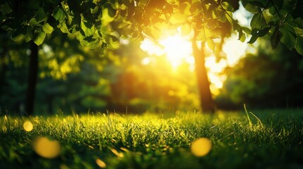 Aufkleber - Sunlight filtering through leaves in a serene grassy area during golden hour. Generative AI