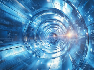 Poster - abstract technology background features a stunning interior of sci-fi spaceship corridors, showcasing a futuristic design with a captivating blue backdrop, all brought to life through impressive 3D.