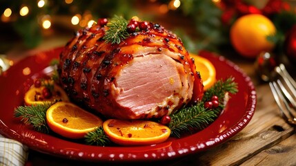 Poster - A vibrant red plate features a succulent holiday ham, garnished with orange slices and fresh pine branches, perfect for Christmas celebrations and festive meals.