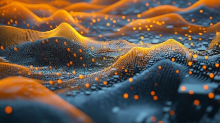 Fototapete - Abstract digital landscape with glowing orange particles on a dark blue surface