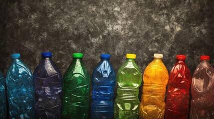 Poster - A visually striking arrangement of discarded plastic bottles in various colors, set against a dark, textured background, emphasizing the need for eco-consciousness.