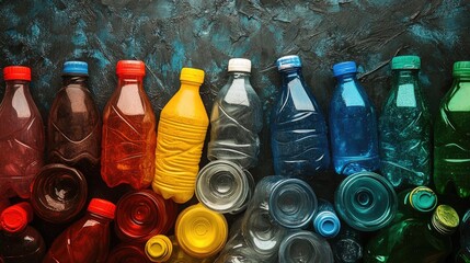 Poster - A visually striking arrangement of discarded plastic bottles in various colors, set against a dark, textured background, emphasizing the need for eco-consciousness.