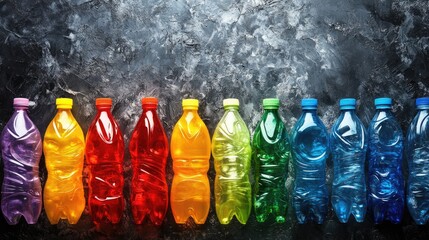 Poster - A visually striking arrangement of discarded plastic bottles in various colors, set against a dark, textured background, emphasizing the need for eco-consciousness.
