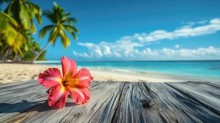 Poster - A vivid tropical flower placed on weathered wood, with the turquoise ocean and palm trees stretching into the sunny horizon, creating an idyllic beach atmosphere.