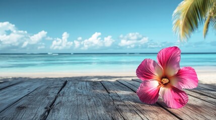 Poster - A vivid tropical flower placed on weathered wood, with the turquoise ocean and palm trees stretching into the sunny horizon, creating an idyllic beach atmosphere.