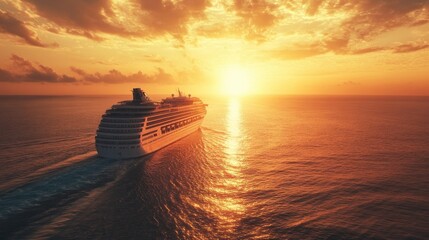 Poster - A warm golden sunrise over the ocean as a vacation cruise ship sets sail across tranquil waters, offering a stunning coastal view.