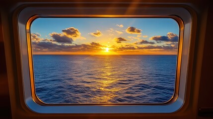Aufkleber - A wide-angle view from a luxury cruise ship's window reveals a stunning seascape, with golden sunset hues casting a peaceful glow over the tranquil sea.