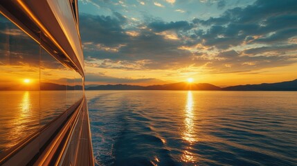 Aufkleber - A wide-angle view from a luxury cruise ship's window reveals a stunning seascape, with golden sunset hues casting a peaceful glow over the tranquil sea.