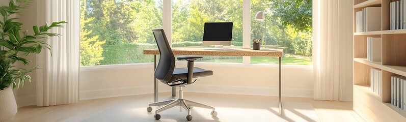 Poster - Modern home office with a sleek desk, ergonomic chair, and large windows offering a view of greenery.