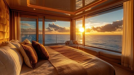 Aufkleber - A wide-angle view of a luxury cruise ship cabin at sunrise, where the warm golden glow of the sun illuminates the room chic furnishings and ocean view.