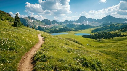 Aufkleber - A winding hiking trail through lush green meadows, with panoramic views of sparkling mountain lakes and towering peaks in the distance, capturing nature beauty.