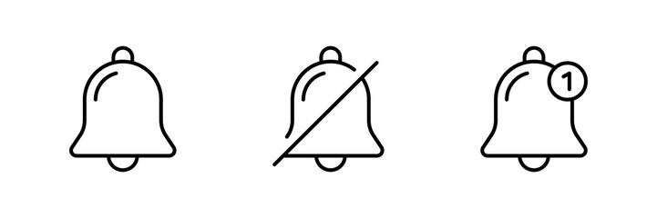 Leinwandbilder - Notification bell icon set. Alarm symbol. Ringing bells reminder icon , incoming inbox message sign , no bell icon alarm off symbol silent mute icons. editable stroke - Web icons collection set