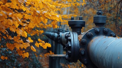 Poster - Advanced pipeline fittings in the foreground, with autumn foliage in the background, blending industrial technology with seasonal charm and color.